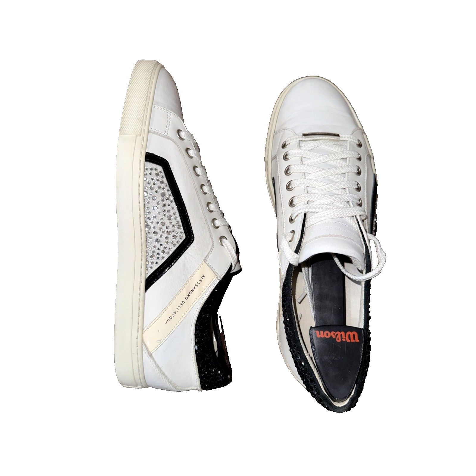 Alessandro Dell Acqua Crystal Leather Fashion Sneakers White Black Eu41 Us10